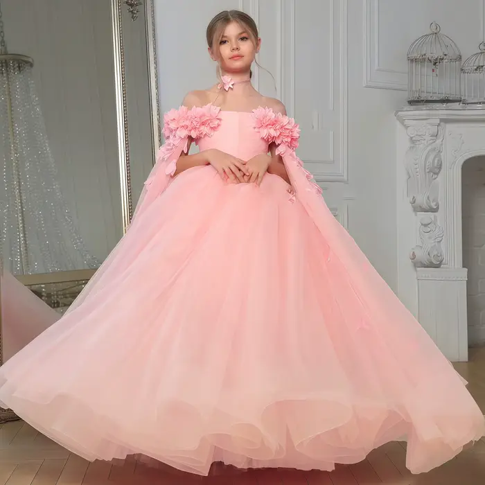 Robe de Demoiselle d'Honneur Rose en Tulle pour Fille