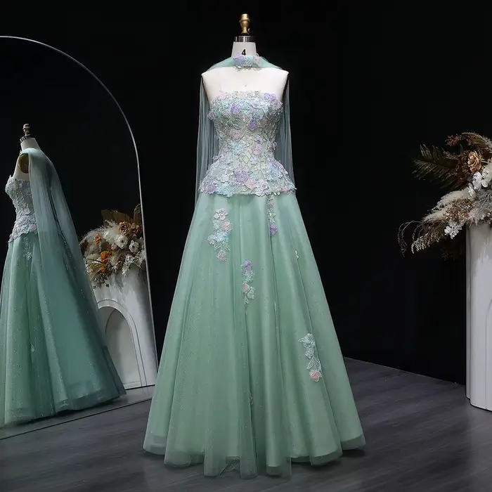 Robe de soirée élégante vert sauge Sharon Said 2026 avec écharpe, fleurs 3D, coupe trapèze, pour fem