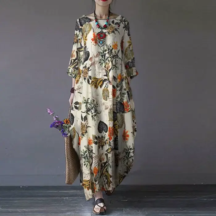 Robe florale élégante en coton et lin pour femmes, tenue de soirée à manches courtes, décontractée, 