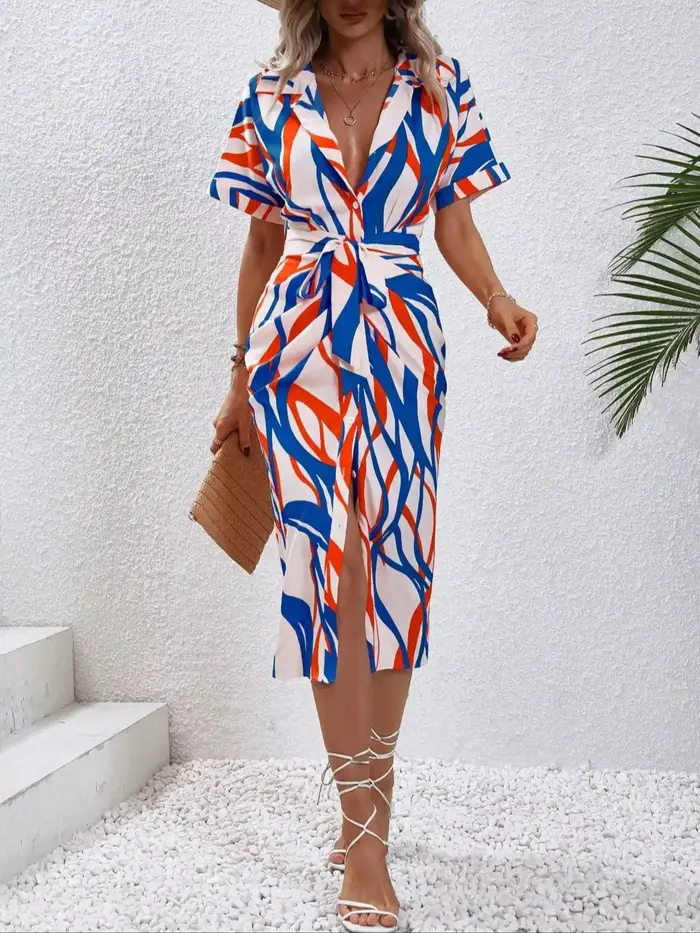 Robe chemise midi imprimée pour femme, style vacances à la française, col en V, cintrée à la taille,