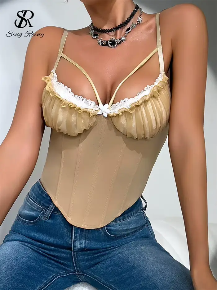 SINGREINY femme coréenne maigre Sexy Camisole été dos nu court Camis mode gaze épissé dentelle dames Streetwear