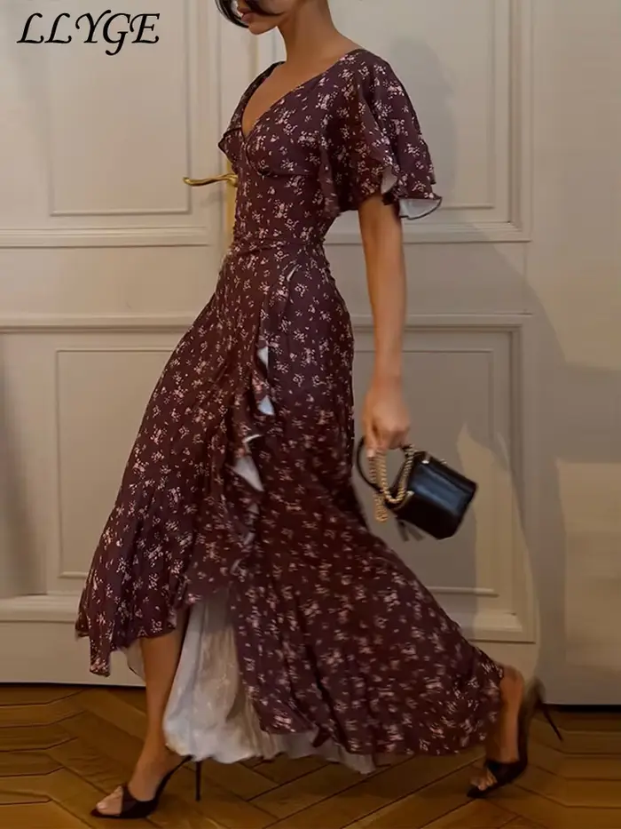 Robe longue élégante imprimée à volants pour femme