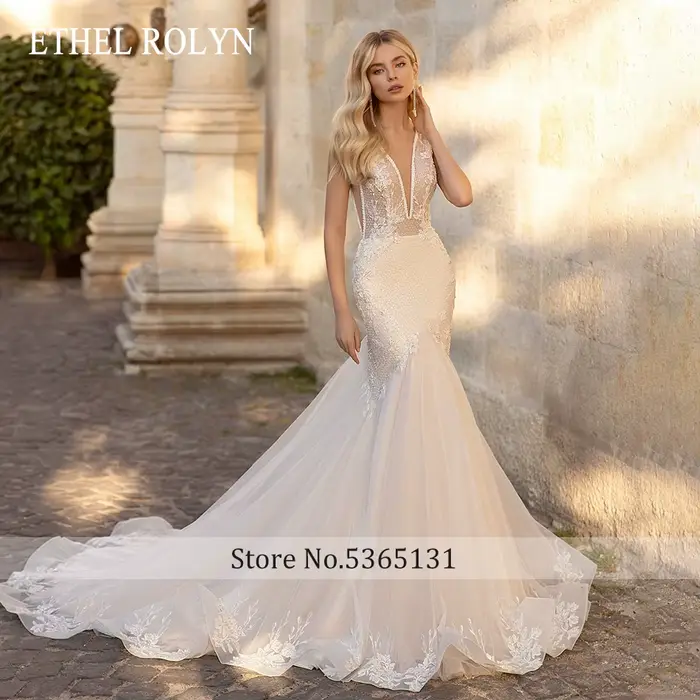 ETHEL ROLYN robe De mariée sirène chic col en v perlé dentelle Appliques dos nu