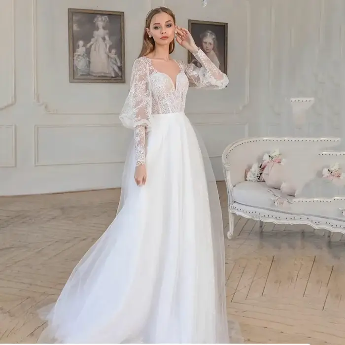 Robes de mariée bohèmes en tulle à lacets 2026, manches longues bouffantes, appliques, robe de marié