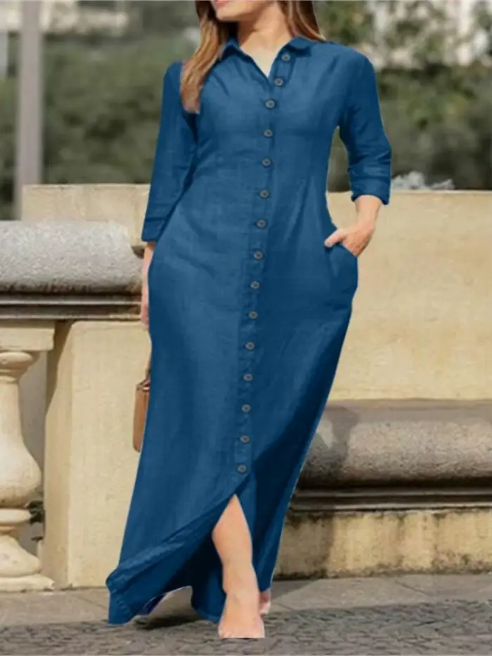 Robe longue élégante pour femmes manches longues couleur unie chemise en coton et lin décontractée boutons printemps automne occasions spéciales
