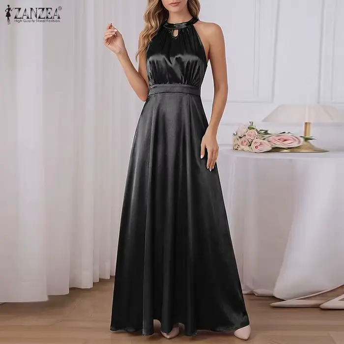 ZANZEA Robe longue élégante en satin pour femme, col halter, sans manches, coupe trapèze, pour cocktail, soirée ou invitée de mariage