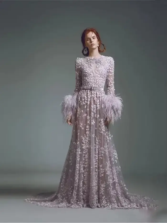 Robe d'invité de mariage à manches en dentelle de plumes de luxe personnalisée, appliques florales 3