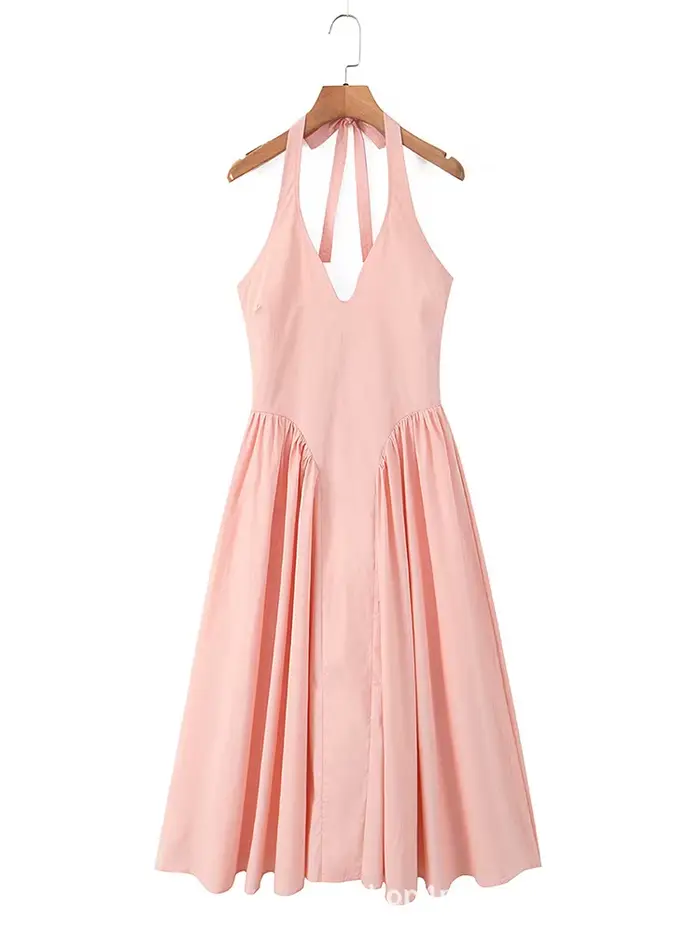Robe midi élégante pour femme, unie, col en V profond, dos nu, coupe trapèze évasée, style streetwea