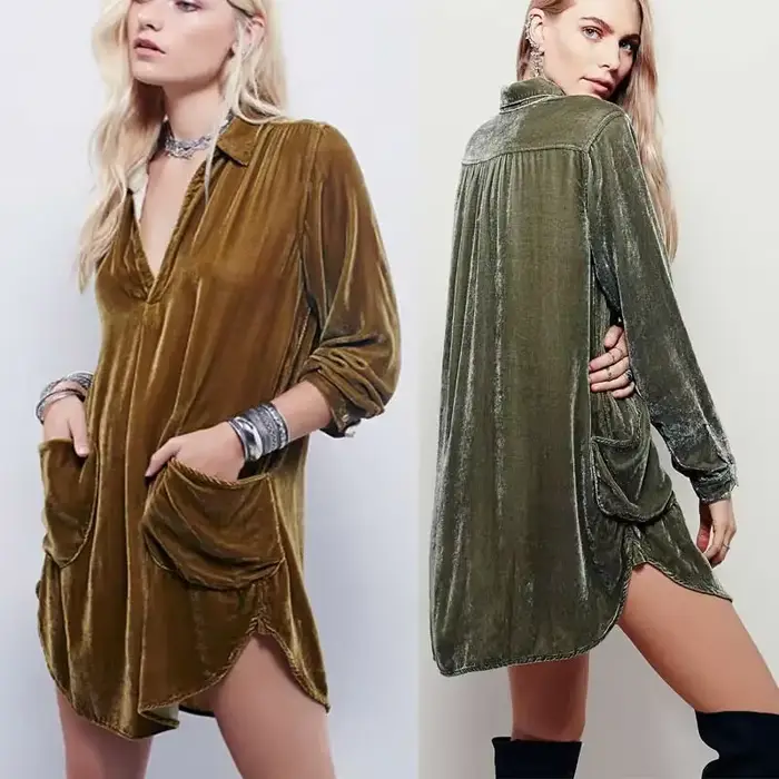 Liquidation vente robe en velours à manches longues poches col en v automne hiver