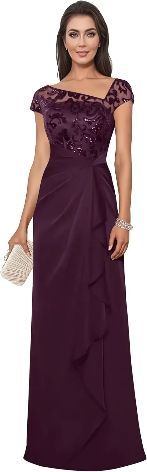 Robes de Soirée Formelles Personnalisées et Élégantes pour Mères de la Mariée, avec Manches Courtes, Paillettes, Dentelle, Mousseline et Dos Corset