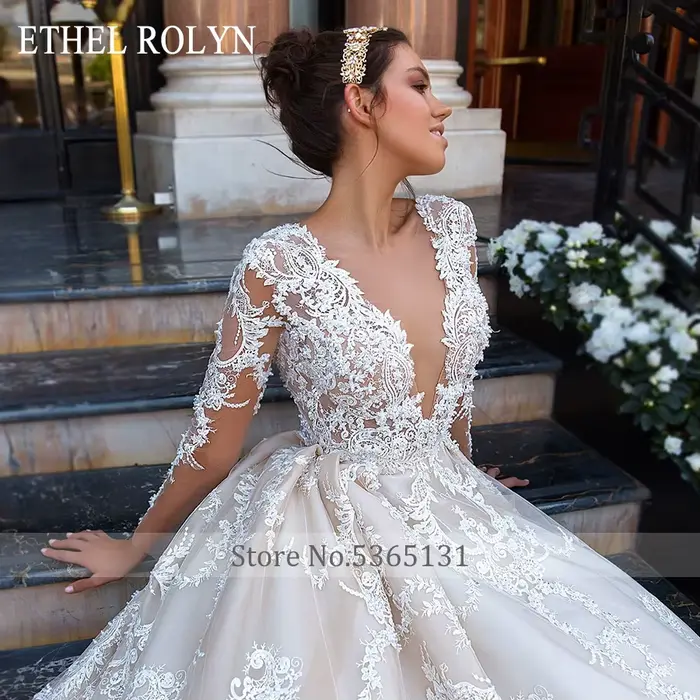 ETHEL ROLYN robes De mariée De luxe pour les femmes perlée dentelle Appliques Sexy col en v profond princesse