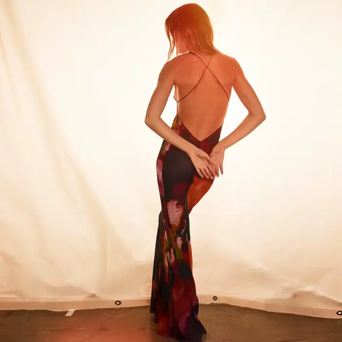 Robe queue de poisson INPETAL élégante pour femmes dos nu sans manches longue moulante coupe ajustée imprimée pour soirées et cérémonies spéciales