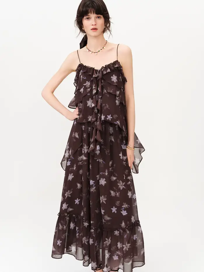 Robe longue à volants style halter FSLE, imprimé floral café et violet, nouvelle collection Printemp
