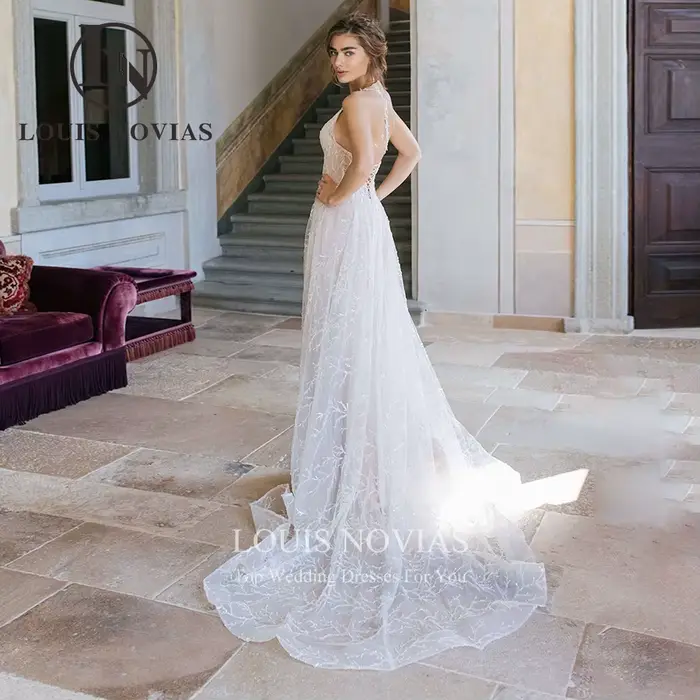 Robe de mariée A-Line en tulle perlé avec licou sexy, col en V, dos nu et lacets pour femmes - Occasions spéciales