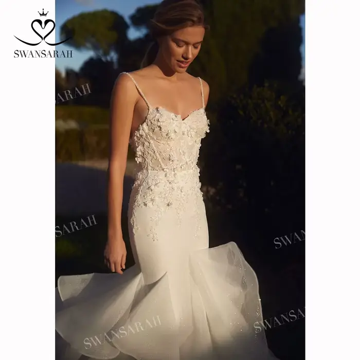 Robe de mariée sirène brillante sans manches fleurs 3D personnalisée SwanSarah occasion mariage plage occasions spéciales