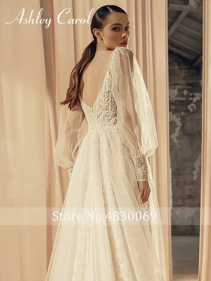 Robe de mariée Ashley Carol en dentelle avec appliques de perles, silhouette A-line, manches lanternes, col en V profond, pour femmes occasions spéciales