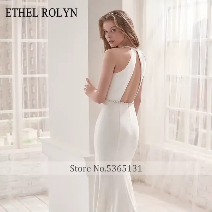 ETHEL ROLYN robe De mariée sirène licou élégant dos nu Satin cristal ceintures sans manches robes