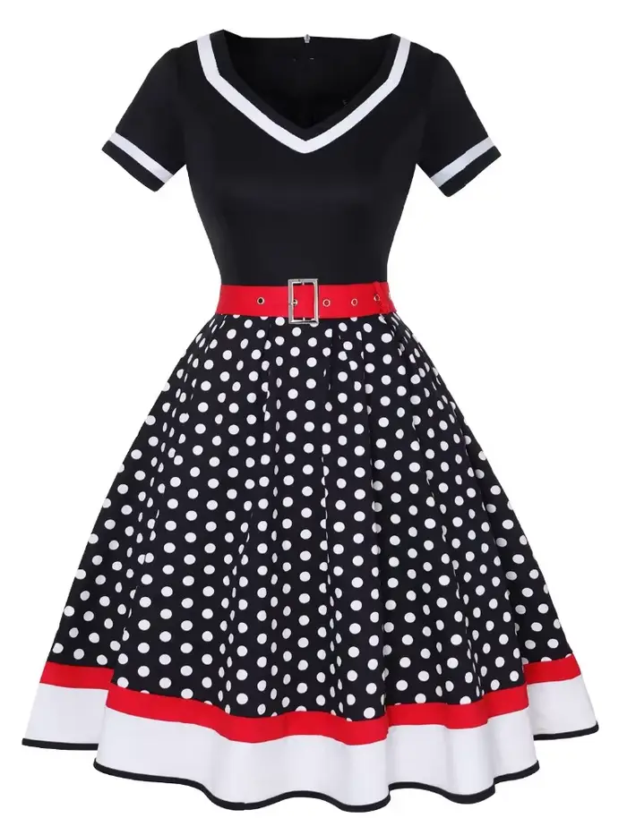 Robe Vintage des Années 50 et 60 en Coton Polyester Élégante avec Imprimé à Pois et Ceinture pour Femmes Occasions Spéciales