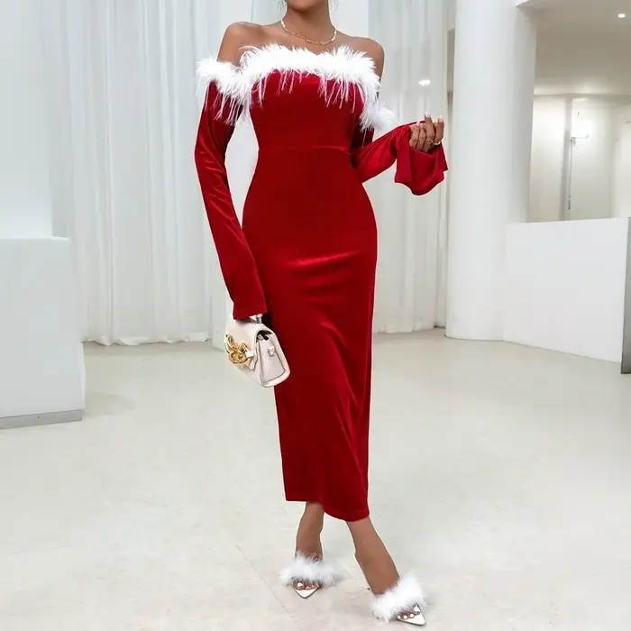 Robe de Noël rouge sexy pour femme style bureau dame en polyester à col en V et drapé élégant pour automne hiver