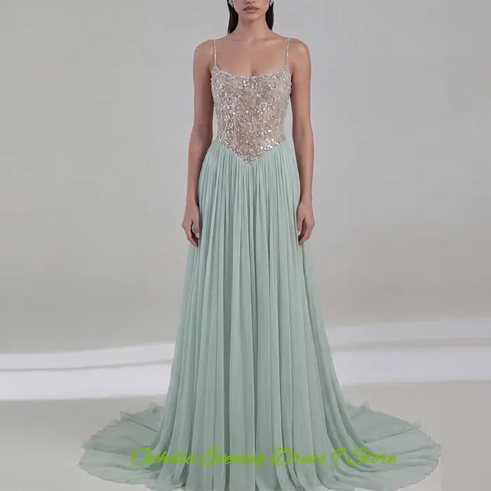 Robe de soirée élégante en mousseline avec traîne exquise pour bal de promo et occasions spéciales perles sequins soirée mariage formalités女性晚礼服长裙带拖尾，适用于毕业舞会和特殊场合，珍珠亮片装饰，正式晚宴