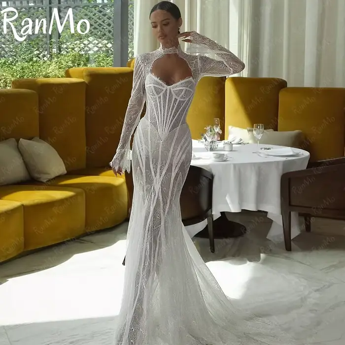 Ranmo nouveau 2025 robe de mariée blanche col haut sirène manches longues dentelle robe de mariée de luxe Boho Court Tain personnalisé