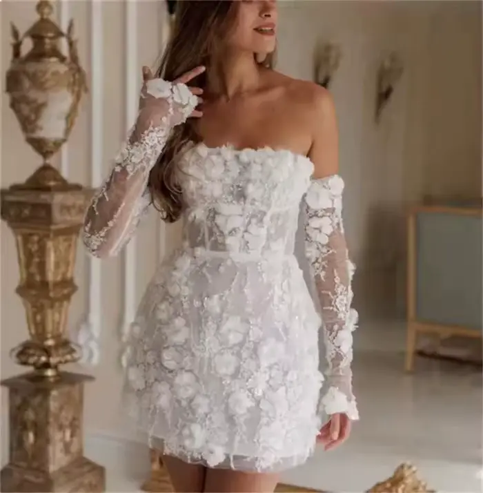 Robes de mariée courtes perlées de luxe arabie saoudite dentelle appliques florales manches longues robe de mariée Mini robe de soirée de bal personnaliser