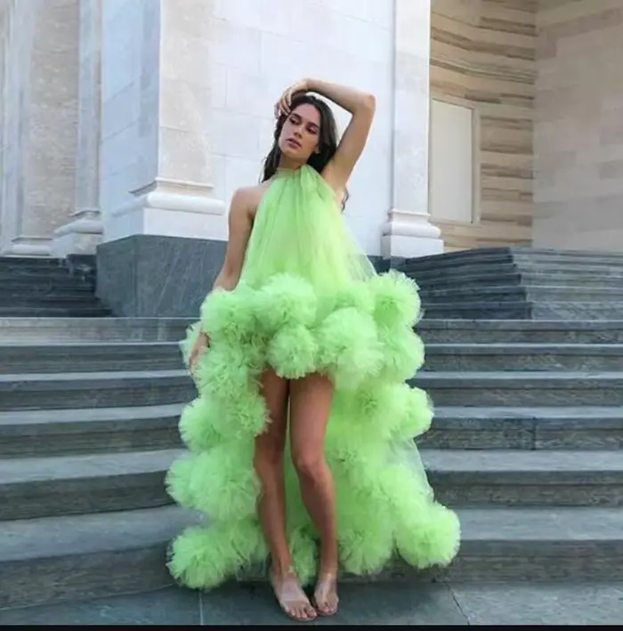 Robe de Soirée Longue Vert Néon Sexy, Élégante, en Tulle à Volants, Style Hi-Lo, Col Halter, pour So