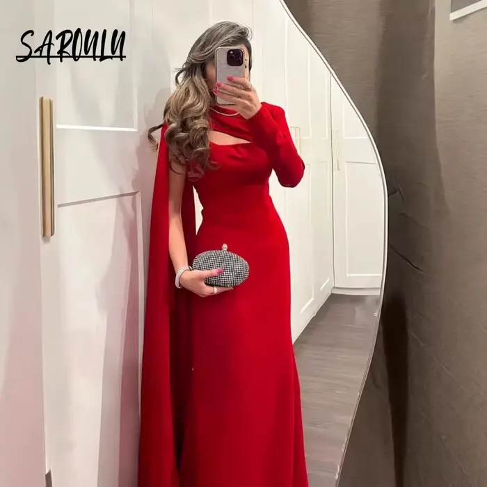 Robe de soirée droite rouge sexy romantique simple en polyester pour femmes occasions spéciales musulmane arabe classique moderne longue tenue de fête