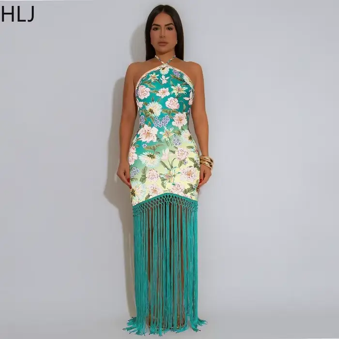 HLJ élégant fleur imprimé glands Patchwork robe longue femmes licou sans manches dos nu Maxi robes femme Streetwear