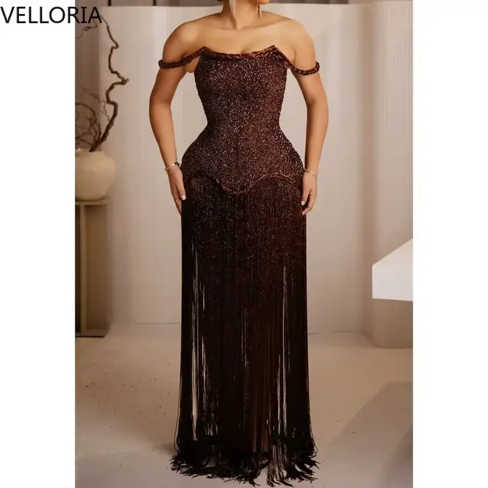 Robe de soirée à franges marron sans manches bustier perlé pour femmes occasions spéciales soirée officielle élégante à offrir
