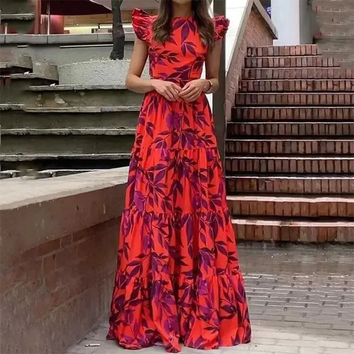 Robe imprimée fleuri pour femmes, col rond, longueur au sol, polyester et élasthanne, haute couture estivale, idéale pour les occasions spéciales