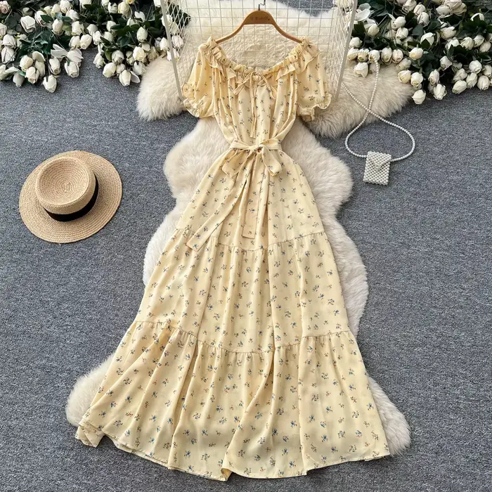 Robe longue femme coupe trapèze Y2K streetwear col rond manches courtes imprimée élégante pour soirée et travail taille ajustée été 2026
