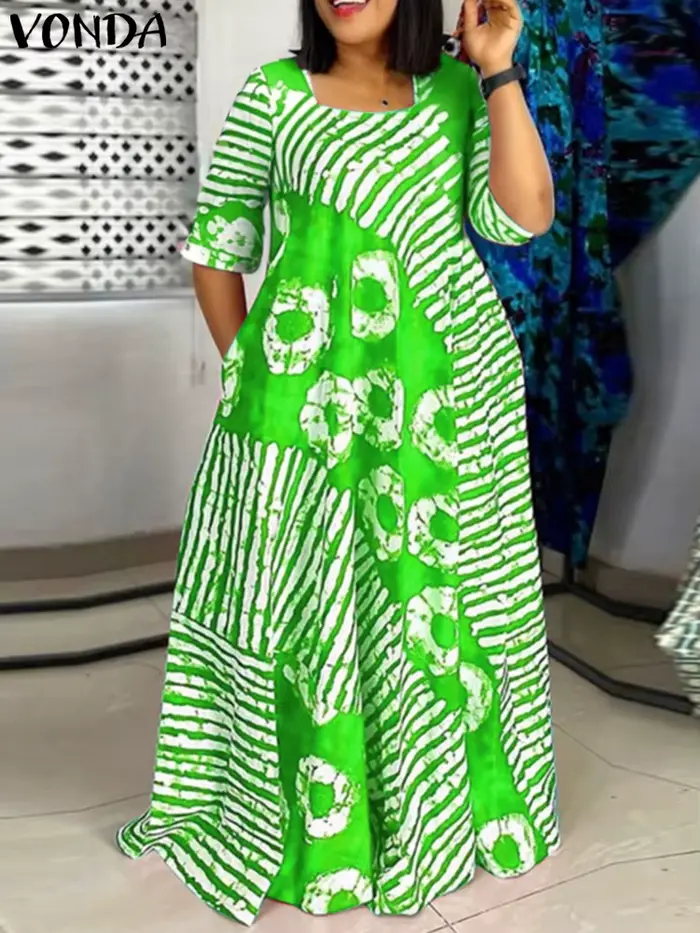 Robe Bohème Maxi VONDA Polyester Élasthanne Longueur au Sol Imprimé Col Carré Pour Femmes Aventures Estivales Loisirs Vacances Fêtes Plage Voyages