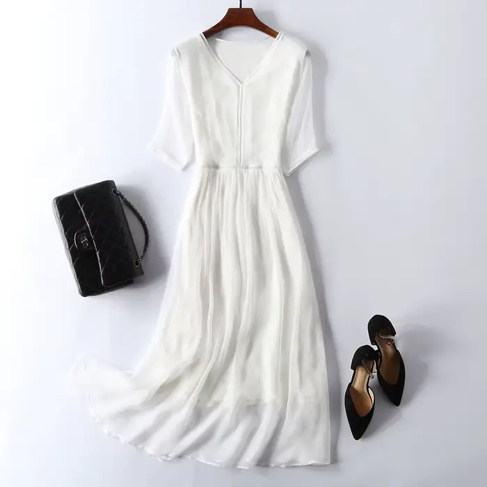 KMETRAM 100% robes en soie de mûrier naturelle 2025 femme été élégant col en v robe longue robes de