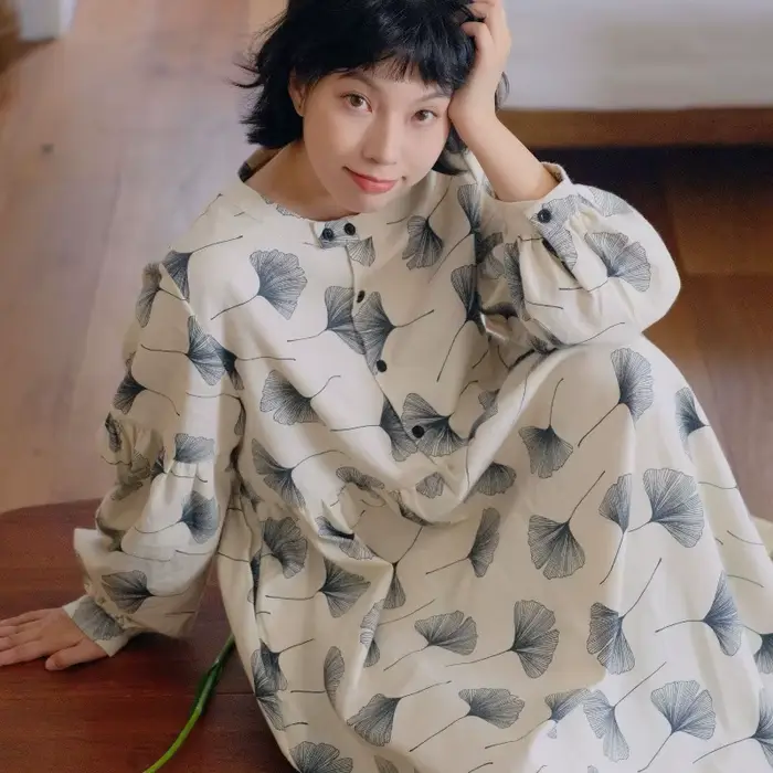 Robe Mori pour filles élégante et ample en coton double gaze imprimée Ginkgo pour les jeunes femmes occasions spéciales détente maison automne printemps