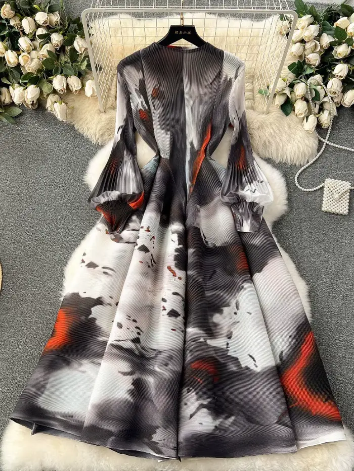 Robe Maxi Plissée à Manches sulfpour Femme