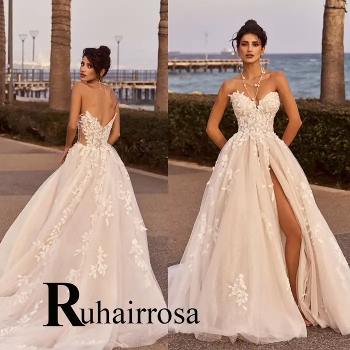 Ruhair à la mode chérie robes De mariée dentelle Appliques fente plissée longueur De plancher robe D