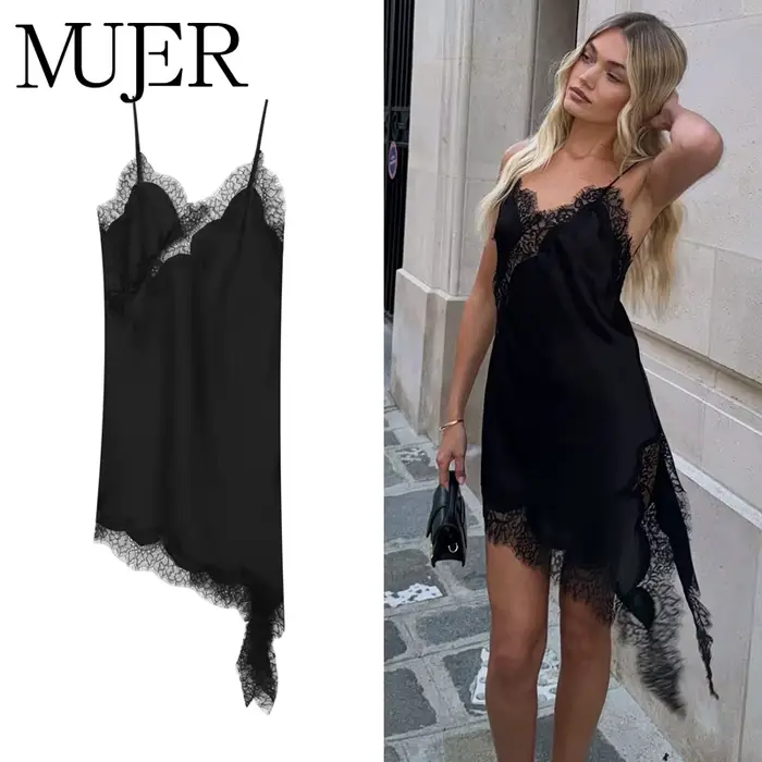 MUJER 2025 dentelle robe femme noir dos nu robes courtes pour les femmes asymétrique fête