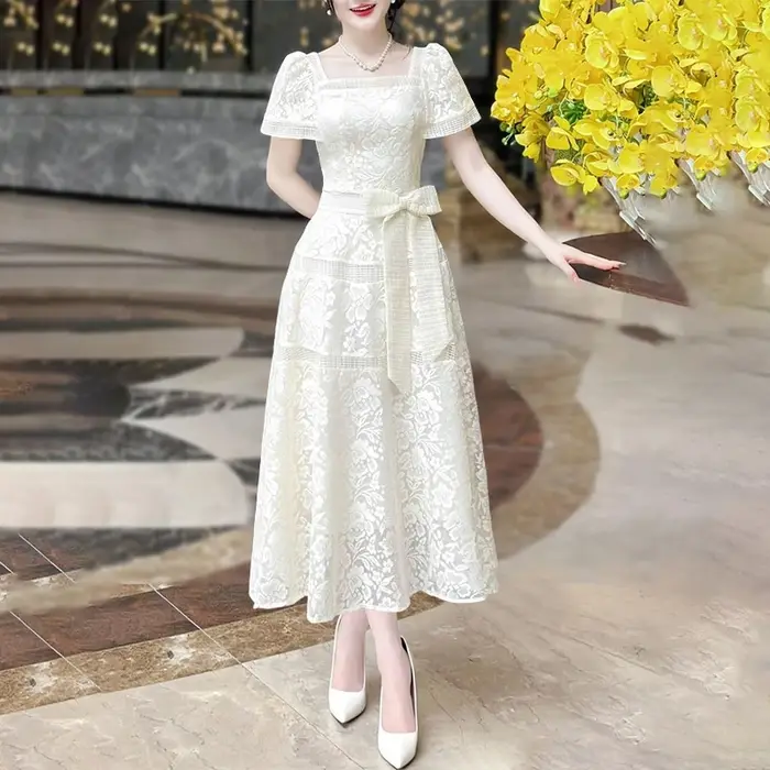 ZANZEA élégant dentelle longues robes femmes taille arc fête Robe d'été 2025 Sexy col carré à manches courtes