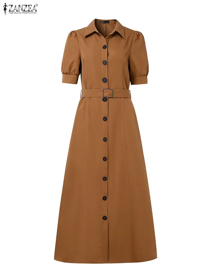 ZANZEA élégant Robe longue de soirée avec ceinture 2025 été femmes solide à manches courtes Maxi robes mode mariage