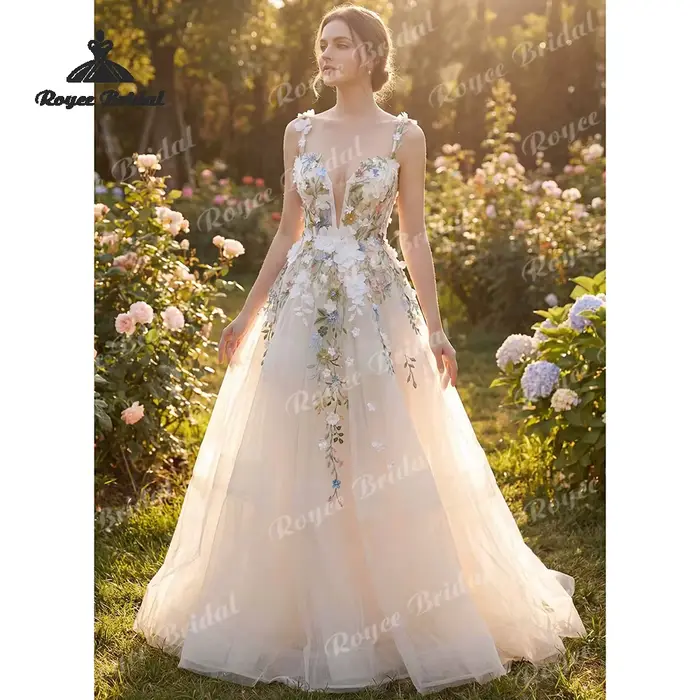 Robes de mariée rustiques florales coupe trapèze 2026 avec appliques de fleurs sauvages colorées, co