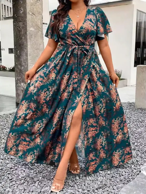 Robe longue élégante à imprimé bohème vert turquoise et marron pour femmes