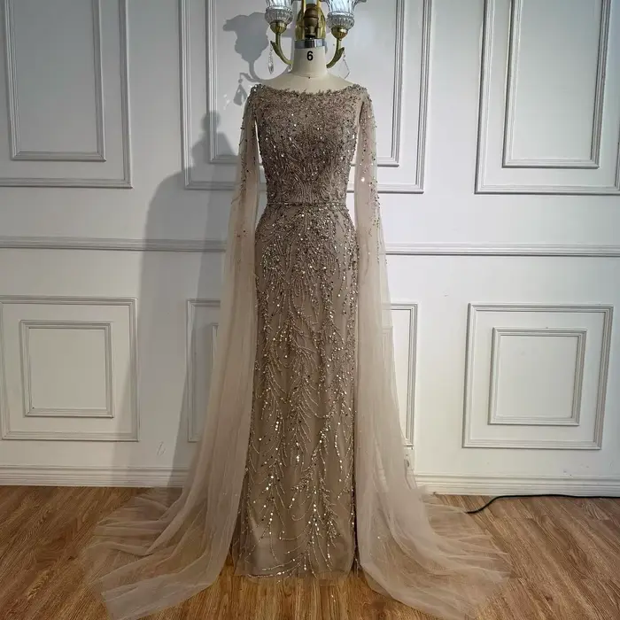 Arabie saoudite bleu perlé sirène robe de soirée élégante Cape manches bateau cou robe fête SERENE H