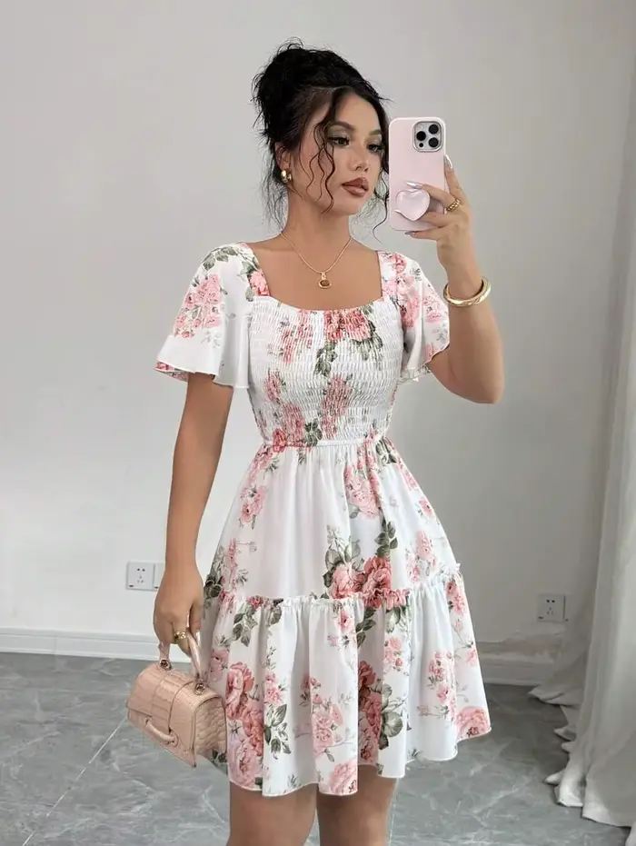 Robe décontractée à manches courtes pour femmes, imprimé floral, avec ceinture et ourlet à volants, 