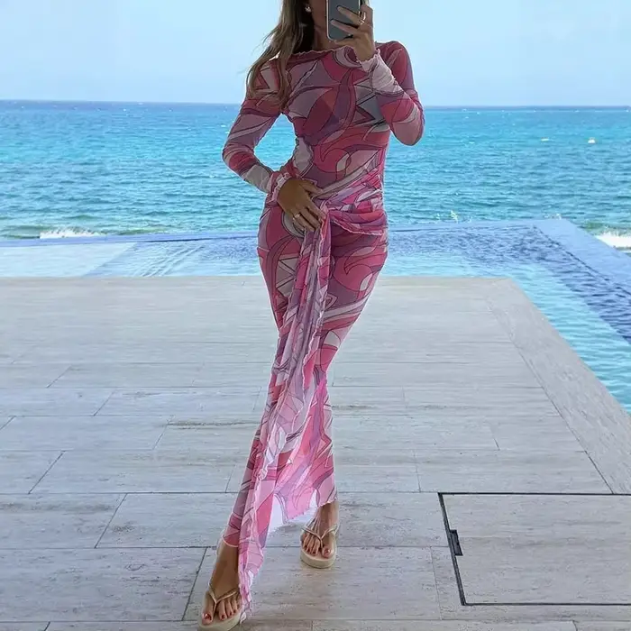 Nouvelle Robe Longue en Maille Imprimée Transparente pour Femme