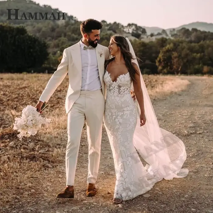 HAMMAH moderne Appliques robes De mariée pour Mariages col en V Spaghetti sangle dos nu trompette sa