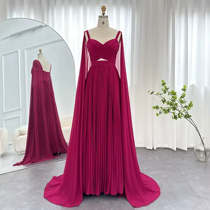 Sharon Said Po-Robe de Soirée en Mousseline de Soie pour Femme, Tenue Élégante avec Manches Cape, de