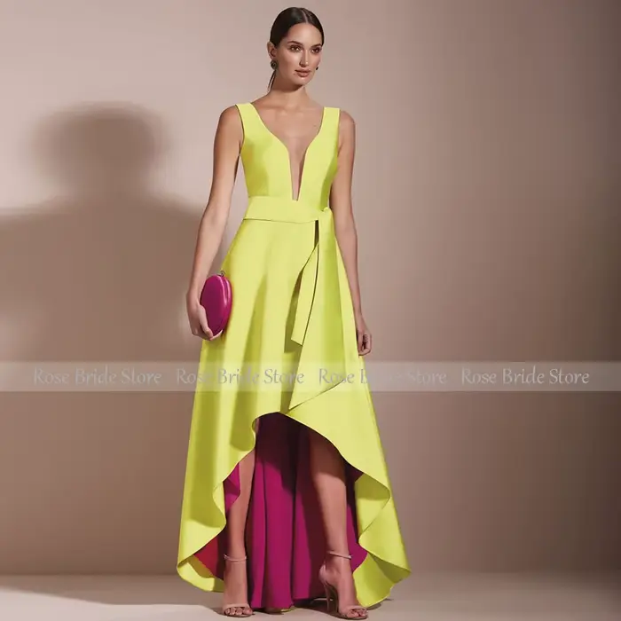Robes de soirée formelles personnalisées pour femmes, col en V profond, coupe trapèze, asymétriques,