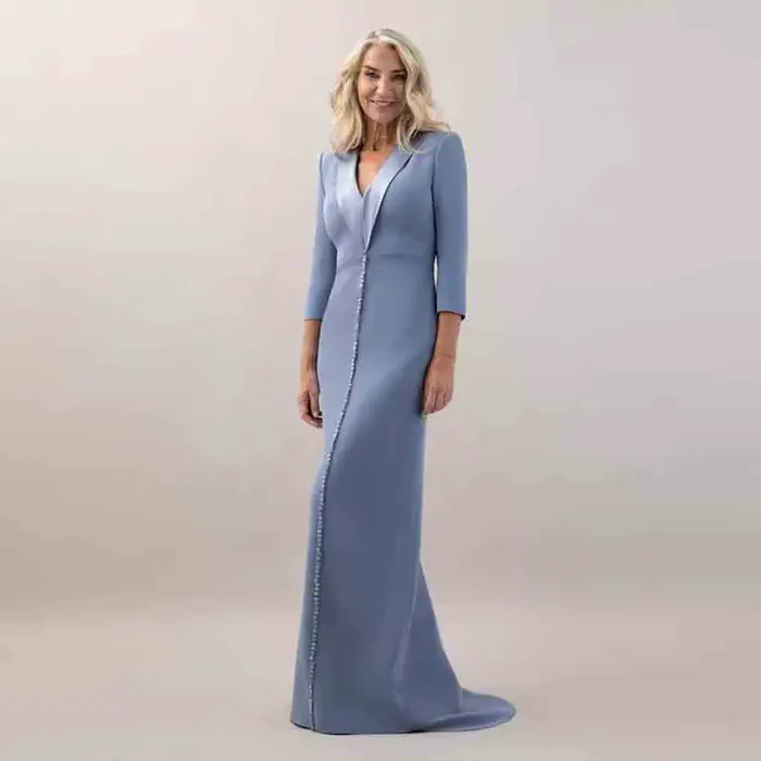 Robe de soirée personnalisée à col tailleur pour invitée de mariage, manches 3/4, ornée de perles, coupe colonne, tenue de fête de mariage, longue robe de cérémonie en satin bleu