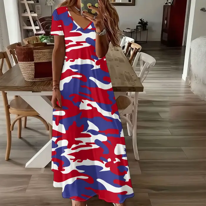 Robe longue d'été pour femmes à manches courtes et col en V